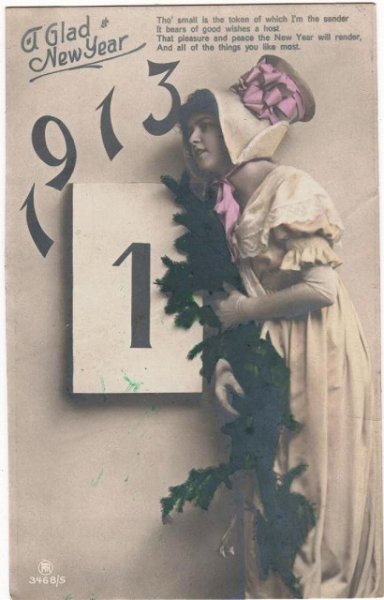 画像1: 新年を告げる女性　1913年　年賀状　New Year's card (1)