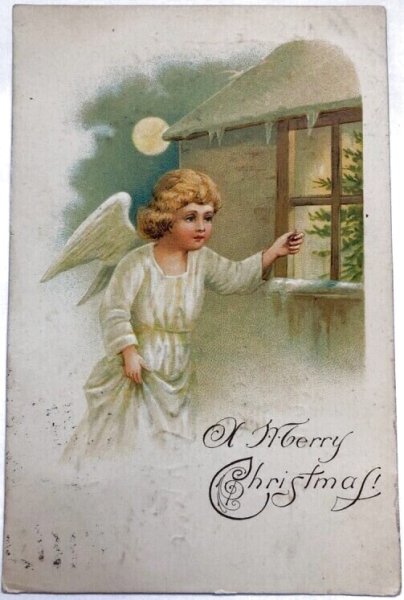 画像1: Postcard  　アンティークポストカード　クリスマス　Christmas 　窓をノックする天使　1908年 (1)