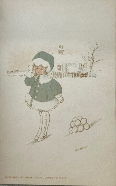 画像1: Postcard　アンティークポストカード　雪玉と女の子　H.T.Miller （未使用） (1)
