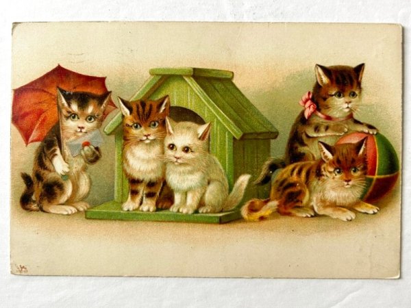 画像1: Postcard  　アンティークポストカード　6匹の猫たち　手紙と傘　ボール　アメリカ1910年 (1)