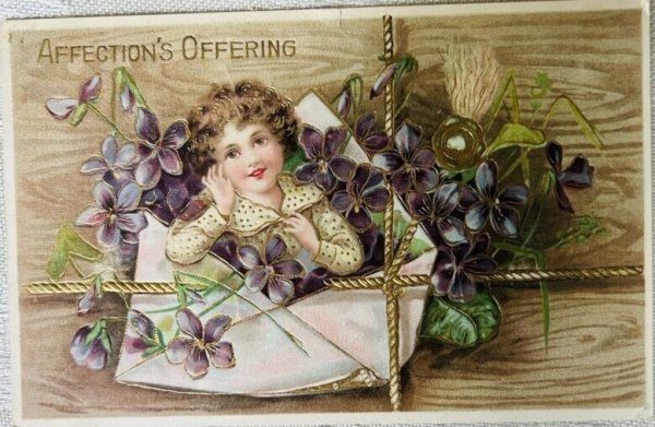 画像1: Postcard　アンティークポストカード　スミレのお花と封筒の中の女の子 (1)