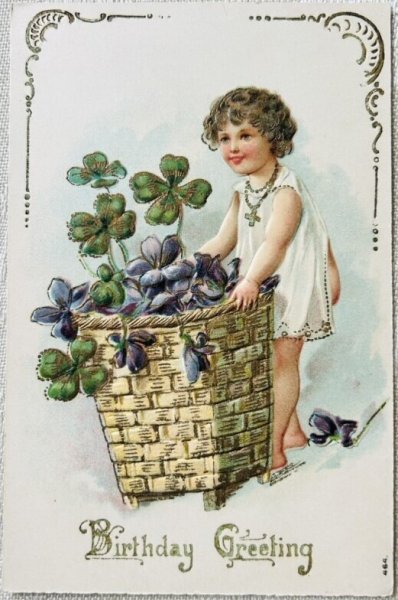 画像1: Postcard　アンティークポストカード　スミレのお花かごと女の子　 (1)
