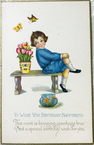 画像1: Postcard　アンティークポストカード　チューリップのお花と子ども　金魚鉢　（未使用） (1)