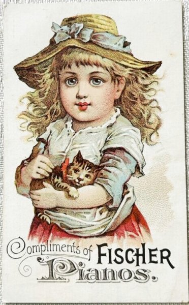 画像1: Vintage trade card  アンティークトレードカード　猫を抱く帽子の女の子　Fischer Piano (1)