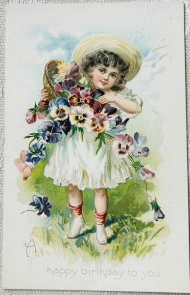 画像1: Postcard　アンティークポストカード　パンジーのお花を振りまく女の子　 (1)
