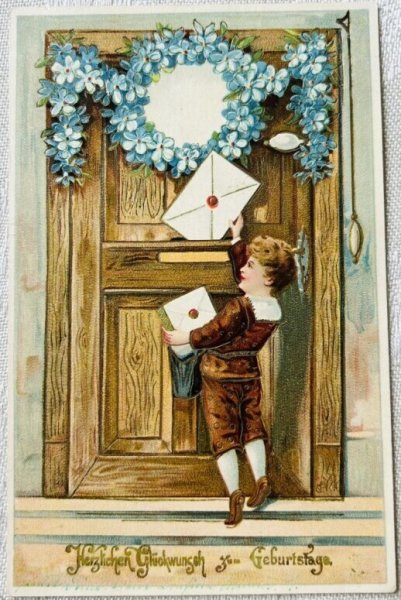 画像1: Postcard　アンティークポストカード　忘れな草のお花のドアに手紙を届ける少年　ドイツ (1)