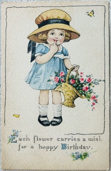 画像1: Postcard　アンティークポストカード　薔薇のパニエを持つ女の子　 (1)