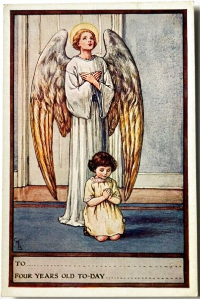 画像1: Vintage card　アンティークカード  小さな女の子と祈る守護天使　4歳の誕生日祝い　シシリー・メアリー・バーカー　Cicely Mary Barker (1)