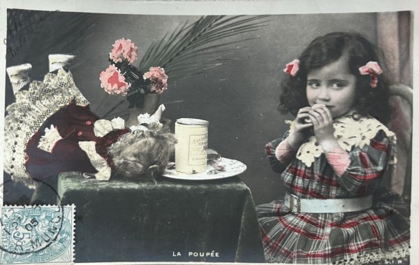 画像1: Postcard  お人形さんと女の子　クッキー　フランス1905年　写真 (1)