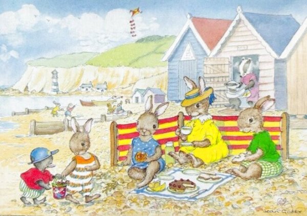 画像1: Postcard　ビンテージポストカード　うさぎさんのビーチ小屋　夏の家 ホワイトクリフ　Beach Huts by Jean Gilder　（未使用） (1)